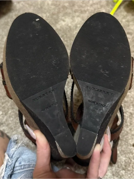 Burberry Tan, Brown and Black Canvas Slingback Wedges - Picture 4 of 7